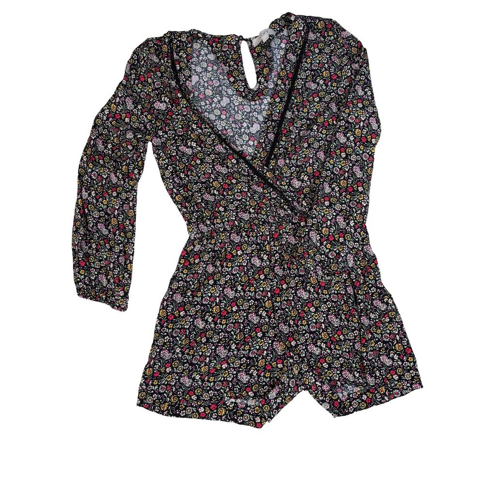 LOFT Floral Long Sleeve Romper Black Multi Color Crochet Trim V-Neck Small